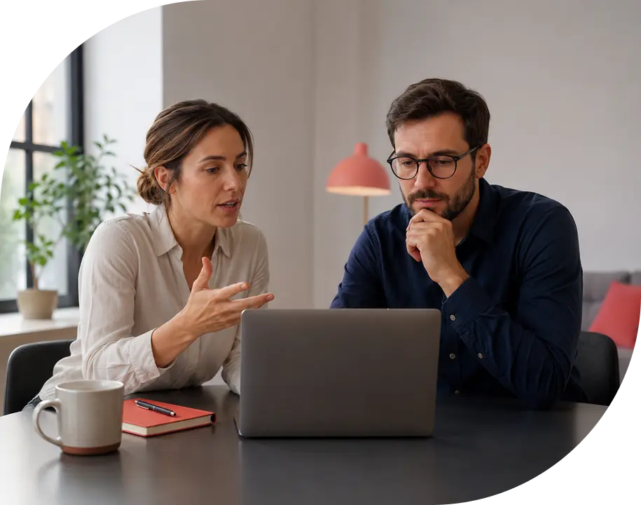Two people discussing a website project at a desk