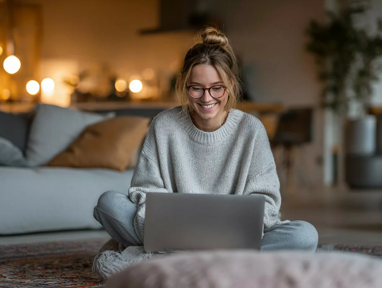 U8554719727 A young woman sitting in a cozy modern living roo e5c73f5a 741c 4eed ad82 0072c28d047b